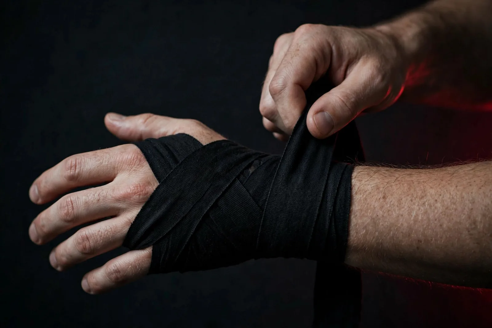 Hands being wrapped with black hand wraps