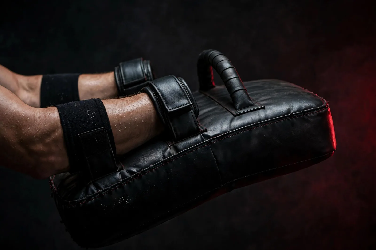 Coach holding a Thai pad by its forearm straps